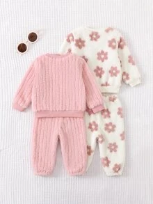 SHEIN 女嬰可愛休閒秋冬款毛茸茸卡通熊圖案家居服 4件套 - 粉色 - 查看 7