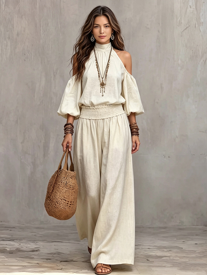Glimmora Conjunto casual de 2 piezas para mujer con top de hombros descubiertos y mangas de farol de unicolor y pantalones de pierna ancha