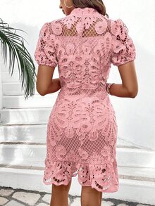 Breezaya 女士优雅粉色蕾丝高腰连衣裙度假海滩装 - 粉色 - 查看 3
