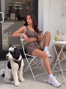 Gameset SHEIN Sport Women's Floral Print Cropped Tank Top Shorts Sports Athleisure Active Set Gym Brown Floral Summer - Coffee Brown - View 9