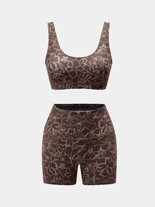 Gameset SHEIN Sport Women's Floral Print Cropped Tank Top Shorts Sports Athleisure Active Set Gym Brown Floral Summer - Coffee Brown - View 10
