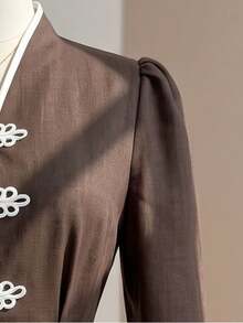 Fine & Folde Jaket Lengan Panjang Berlipit Model A-Line Gaya Cina Warna Kopi Elegan Prancis Musim Gugur/Dingin, Kerah Tegak, Bukaan Depan, Potongan Pinggang yang Mengencangkan, Cocok untuk Acara Liburan, Perjalanan Sehari-hari, Pesta Wisuda, dan Berbagai Kesempatan Lainnya - Coffee Brown - View 4