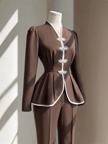Fine & Folde Jaket Lengan Panjang Berlipit Model A-Line Gaya Cina Warna Kopi Elegan Prancis Musim Gugur/Dingin, Kerah Tegak, Bukaan Depan, Potongan Pinggang yang Mengencangkan, Cocok untuk Acara Liburan, Perjalanan Sehari-hari, Pesta Wisuda, dan Berbagai Kesempatan Lainnya - Coffee Brown - View 5