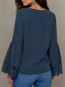 LUMIGAL Blus Wanita Lengan Panjang Leher Persegi dengan Tali Ikat dan Renda Motif Patchwork - Navy Blue - View 3
