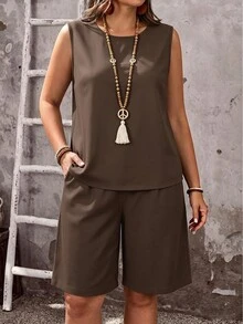 EMERY ROSE Casual Plus Size Brown Solid Color Round Neck Sleeveless Loose Shorts 2-Piece Set, Summer/Vacation Women's Outfit, Country Style Women's Wear - Multicolor - View 4