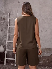 EMERY ROSE Casual Plus Size Brown Solid Color Round Neck Sleeveless Loose Shorts 2-Piece Set, Summer/Vacation Women's Outfit, Country Style Women's Wear - Multicolor - View 3