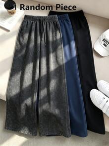 SHEIN Sparklyn 青少年女孩秋季抽繩設計簡約舒適運動褲 秋冬套裝 返校季 極簡風 灰色水洗針織 - 灰色 - 查看 1