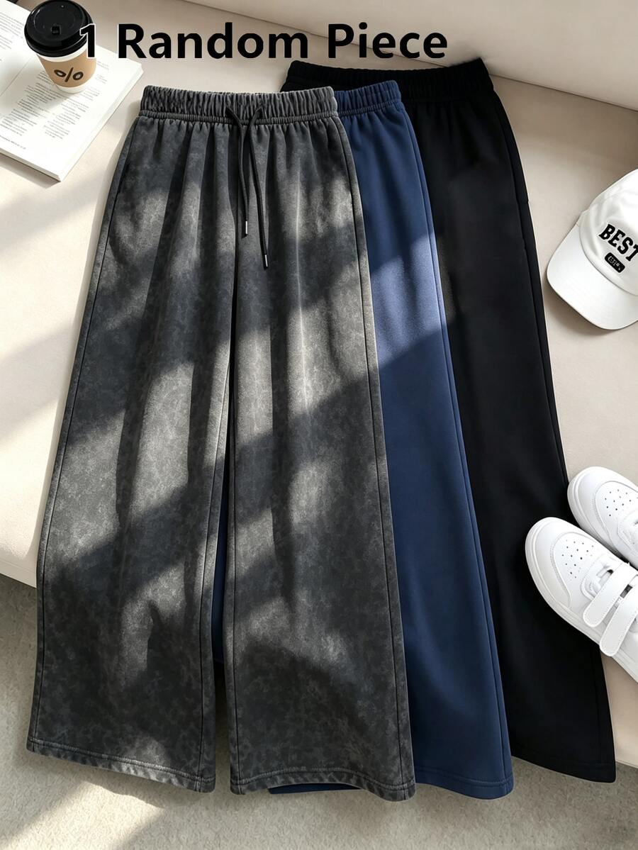 SHEIN Sparklyn 青少年女孩秋季抽繩設計簡約舒適運動褲 秋冬套裝 返校季 極簡風 灰色水洗針織 - 灰色 - 查看 1