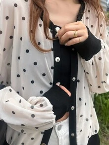 FRIFUL 女款圓點印花拼色拼接夾克 辦公日常穿著 黑白圓點 秋季優雅款 - 杏色 - 查看 2