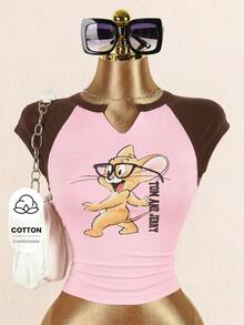 TOM & JERRY X SHEIN Women's Summer Casual Color Block Patchwork Cartoon Print T-Shirt - Pink - View 1