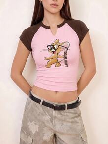 TOM & JERRY X SHEIN Women's Summer Casual Color Block Patchwork Cartoon Print T-Shirt - Pink - View 5