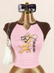 TOM & JERRY X SHEIN Women's Summer Casual Color Block Patchwork Cartoon Print T-Shirt - Pink - View 7