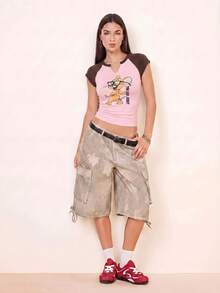 TOM & JERRY X SHEIN Women's Summer Casual Color Block Patchwork Cartoon Print T-Shirt - Pink - View 6