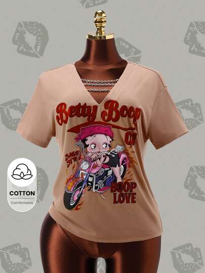 Betty Boop x SHEIN Women's Summer Casual Letter And Cartoon Graphic V-Neck Short Sleeve T-Shirt