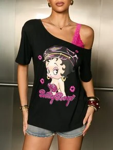 Betty Boop x SHEIN Women's Letter Cartoon Print Casual Versatile Daily Wear T-Shirt - Black - View 3