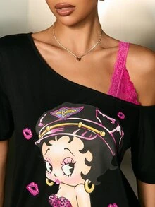Betty Boop x SHEIN Women's Letter Cartoon Print Casual Versatile Daily Wear T-Shirt - Black - View 5