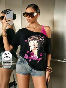 Betty Boop x SHEIN Women's Letter Cartoon Print Casual Versatile Daily Wear T-Shirt - Black - View 1