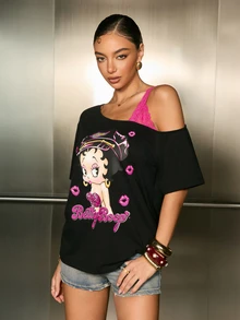 Betty Boop x SHEIN Women's Letter Cartoon Print Casual Versatile Daily Wear T-Shirt - Black - View 4