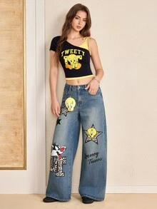 LOONEY TUNES X SHEIN 女款不對稱領休閒街頭風字母印花T恤，日常外出穿搭，黑黃配色 - 藍色 - 查看 5