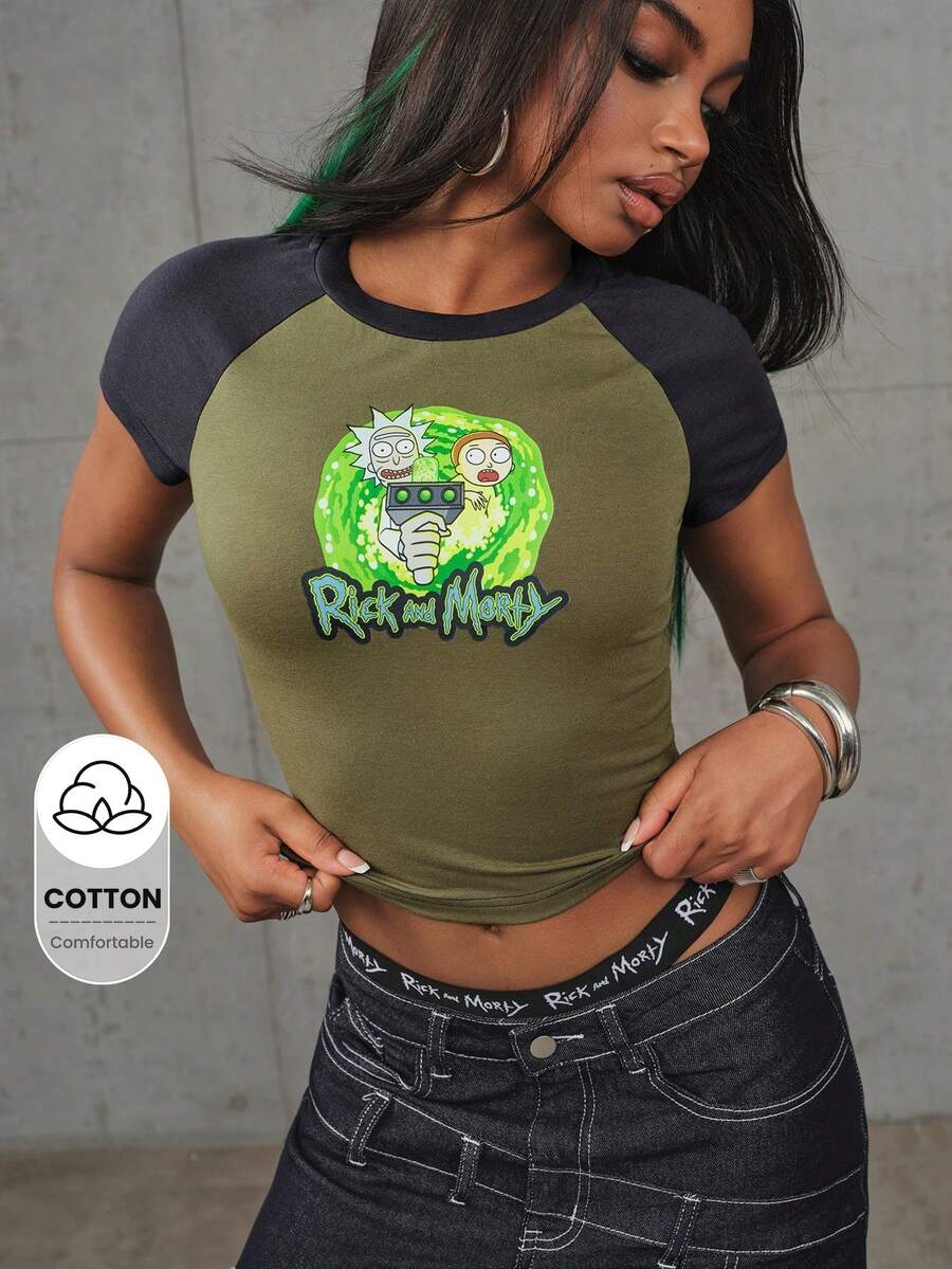 Rick and Morty X SHEIN Kaos Crop Top Wanita Kasual Musim Panas dengan Motif Kartun dan Blok Warna - Hijau Tentara - View 1