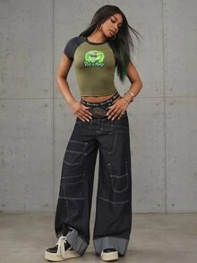 Rick and Morty X SHEIN Kaos Crop Top Wanita Kasual Musim Panas dengan Motif Kartun dan Blok Warna - Hijau Tentara - View 7