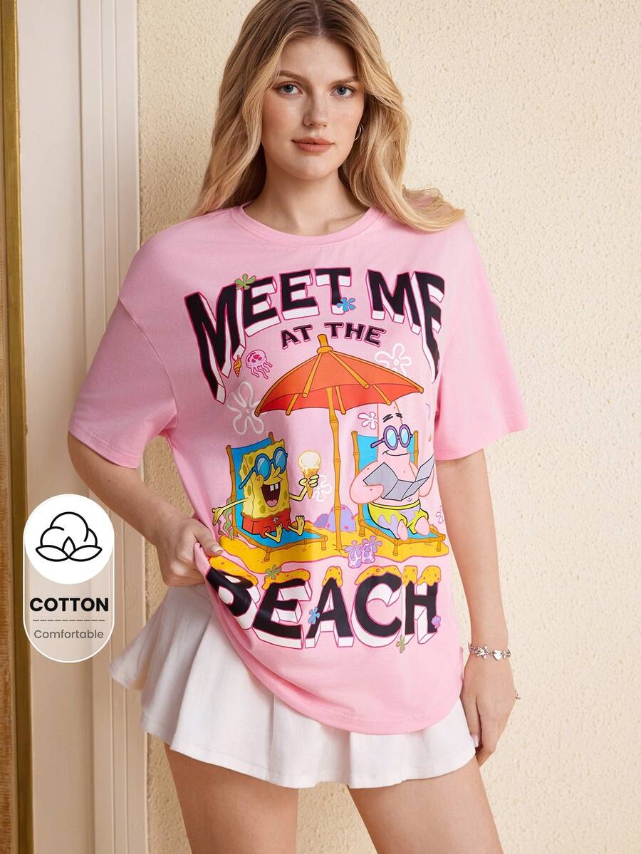 SpongeBob SquarePants | SHEIN Kaos Lengan Pendek Wanita dengan Motif Huruf & Kartun - Berwarna merah muda - View 1