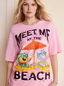 SpongeBob SquarePants | SHEIN Kaos Lengan Pendek Wanita dengan Motif Huruf & Kartun - Berwarna merah muda - View 5