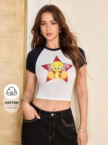LOONEY TUNES X SHEIN Women's Summer Casual Colorblock Patchwork Cartoon Print Cropped T-Shirt - White - View 1