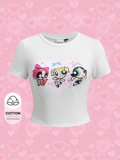 THE POWERPUFF GIRLS X SHEIN تي شيرت قصير بطبعة كرتونية كاجوال صيفي للنساء