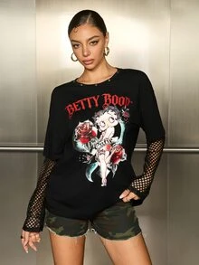 Betty Boop x SHEIN Women's Cartoon Print Mesh Patchwork 2 In 1 T-Shirt - Black - View 4