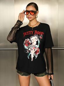 Betty Boop x SHEIN Women's Cartoon Print Mesh Patchwork 2 In 1 T-Shirt - Black - View 3