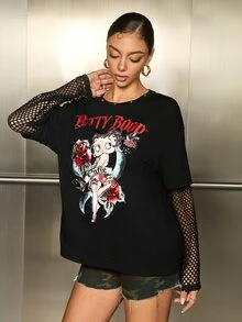 Betty Boop x SHEIN Women's Cartoon Print Mesh Patchwork 2 In 1 T-Shirt - Black - View 7