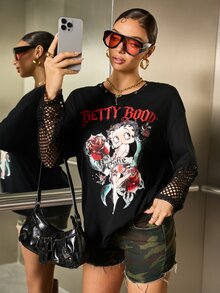 Betty Boop x SHEIN Women's Cartoon Print Mesh Patchwork 2 In 1 T-Shirt - Black - View 10