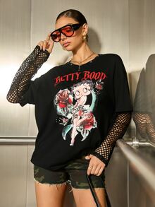 Betty Boop x SHEIN Women's Cartoon Print Mesh Patchwork 2 In 1 T-Shirt - Black - View 5