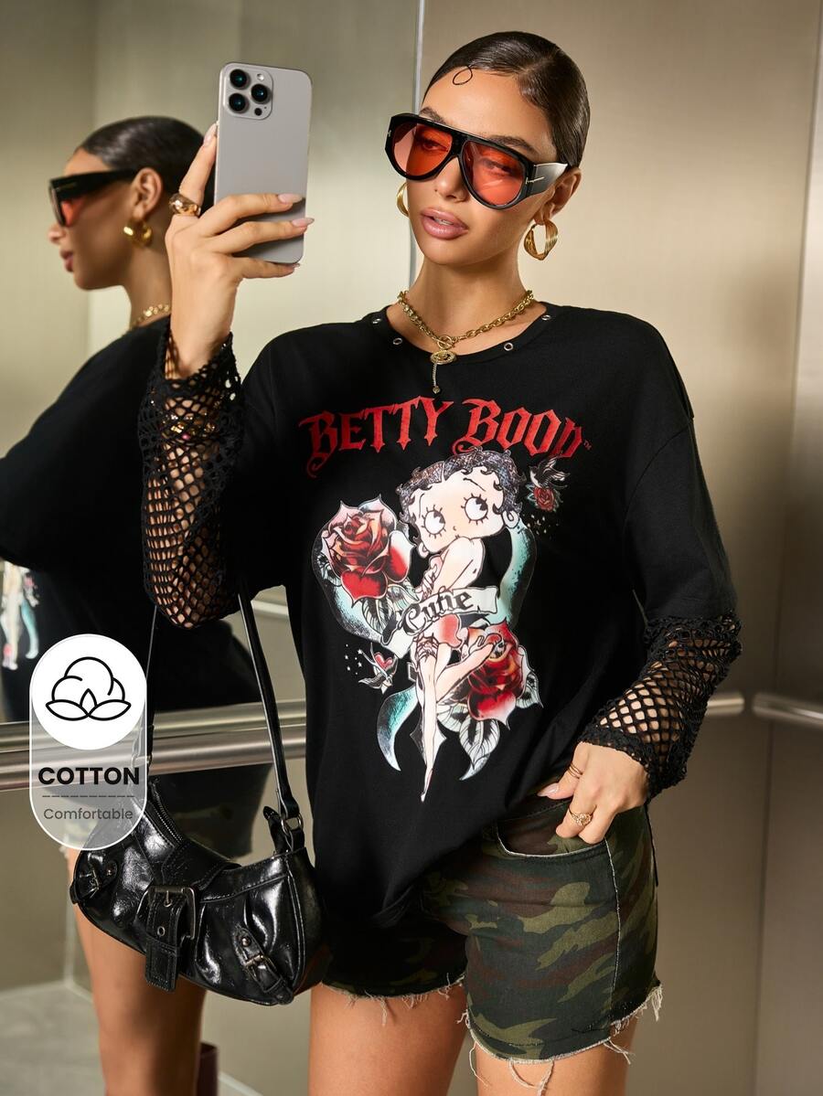 Betty Boop x SHEIN Women's Cartoon Print Mesh Patchwork 2 In 1 T-Shirt - Black - View 1