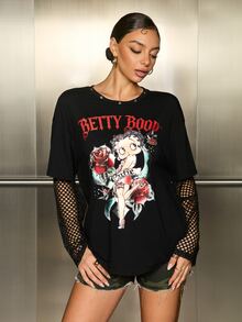 Betty Boop x SHEIN Women's Cartoon Print Mesh Patchwork 2 In 1 T-Shirt - Black - View 6