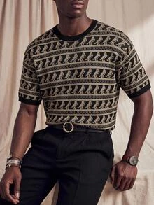 Vientiro Manfinity Brand - Men's Jacquard Knit Short Sleeve Top - Black - View 7