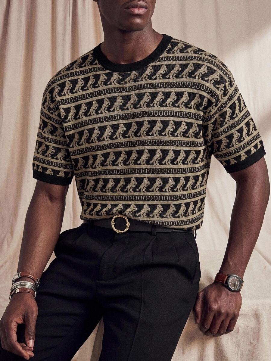 Vientiro Marca Manfinity - Top de manga corta de punto jacquard para hombre - Negro - Ver 1