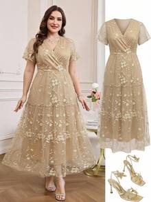 Reflora Plus Size Women's Solid Color Floral Print Mesh Patchwork V-Neck Cinched Waist Slimming Asymmetrical Hem Elegant Formal Evening Wedding Beige Summer - Champagne - View 4
