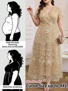 Reflora Plus Size Women's Solid Color Floral Print Mesh Patchwork V-Neck Cinched Waist Slimming Asymmetrical Hem Elegant Formal Evening Wedding Beige Summer - Champagne - View 7