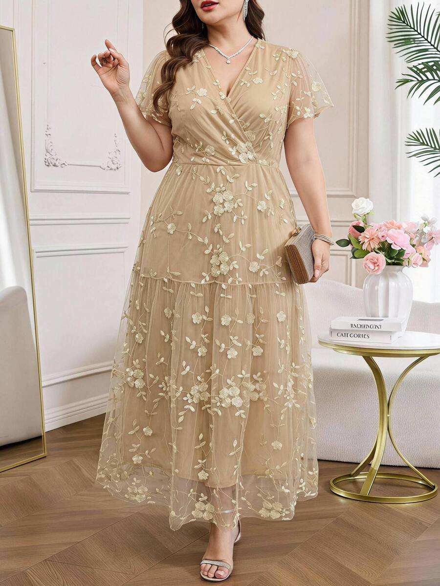 Reflora Plus Size Women's Solid Color Floral Print Mesh Patchwork V-Neck Cinched Waist Slimming Asymmetrical Hem Elegant Formal Evening Wedding Beige Summer