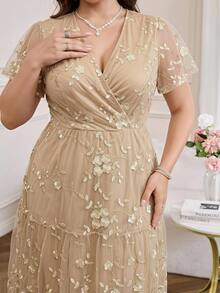 Reflora Plus Size Women's Solid Color Floral Print Mesh Patchwork V-Neck Cinched Waist Slimming Asymmetrical Hem Elegant Formal Evening Wedding Beige Summer - Champagne - View 5