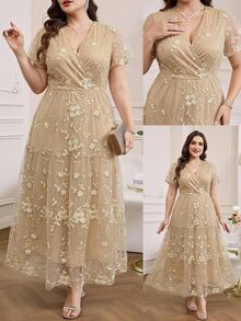 Reflora Plus Size Women's Solid Color Floral Print Mesh Patchwork V-Neck Cinched Waist Slimming Asymmetrical Hem Elegant Formal Evening Wedding Beige Summer - Champagne - View 6