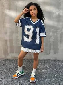 Coolane Kids Tween 女童春夏街头运动休闲亲子装透气网眼棒球服 V 领 T 恤 - 藏蓝色 - 查看 5