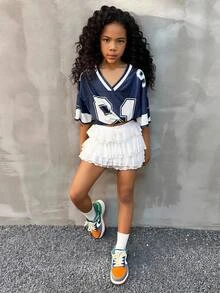 Coolane Kids Tween 女童春夏街头运动休闲亲子装透气网眼棒球服 V 领 T 恤 - 藏蓝色 - 查看 6