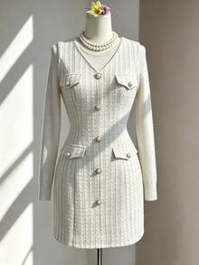Fine & Folde Gaun Tanpa Lengan Leher V dengan Kancing Mutiara Imitasi dan Pinggang yang Dikencangkan, Motif Kotak-kotak Tweed, Elegan untuk Liburan - Aprikot - View 1