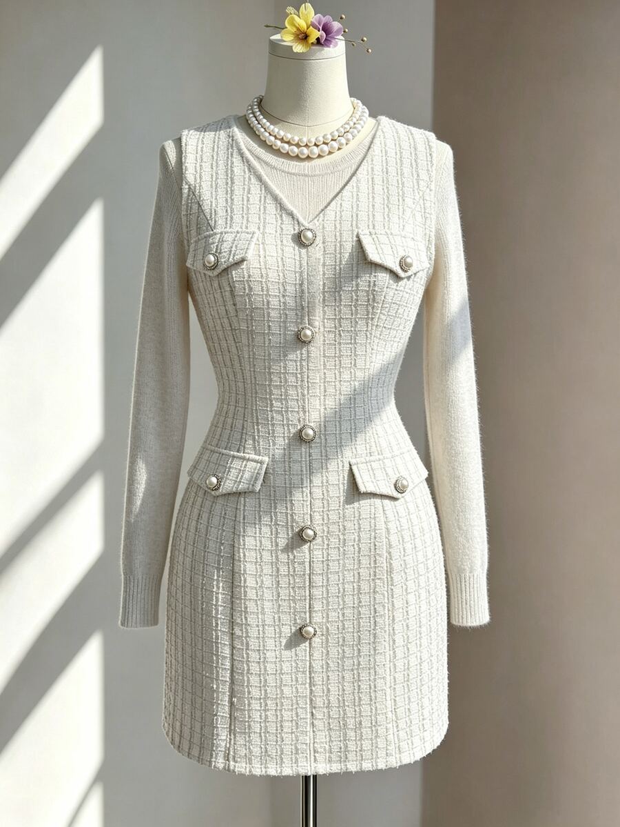 Fine & Folde Gaun Tanpa Lengan Leher V dengan Kancing Mutiara Imitasi dan Pinggang yang Dikencangkan, Motif Kotak-kotak Tweed, Elegan untuk Liburan - Aprikot - View 1