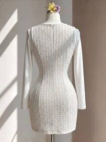 Fine & Folde Gaun Tanpa Lengan Leher V dengan Kancing Mutiara Imitasi dan Pinggang yang Dikencangkan, Motif Kotak-kotak Tweed, Elegan untuk Liburan - Aprikot - View 3