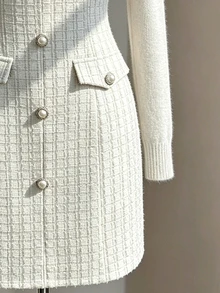 Fine & Folde Gaun Tanpa Lengan Leher V dengan Kancing Mutiara Imitasi dan Pinggang yang Dikencangkan, Motif Kotak-kotak Tweed, Elegan untuk Liburan - Aprikot - View 2