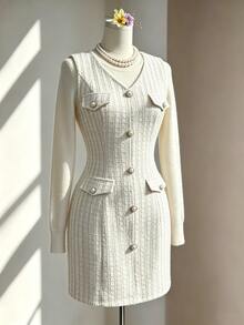 Fine & Folde Gaun Tanpa Lengan Leher V dengan Kancing Mutiara Imitasi dan Pinggang yang Dikencangkan, Motif Kotak-kotak Tweed, Elegan untuk Liburan - Aprikot - View 4